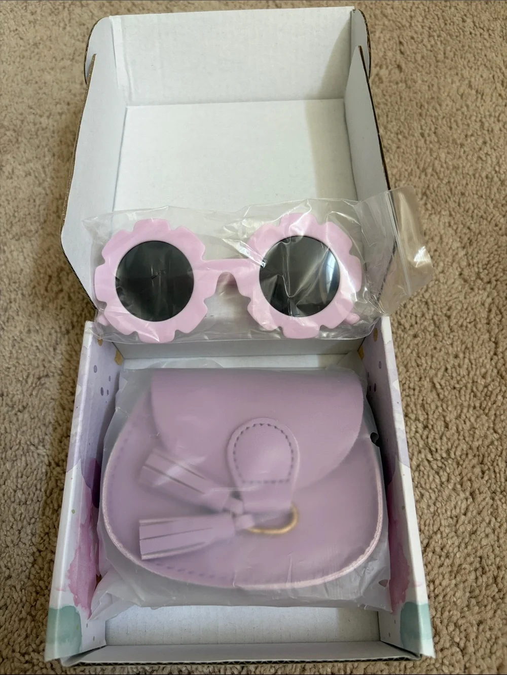 Kids Pink Flower Sunglasses & Lilac Crossbody Purse Set